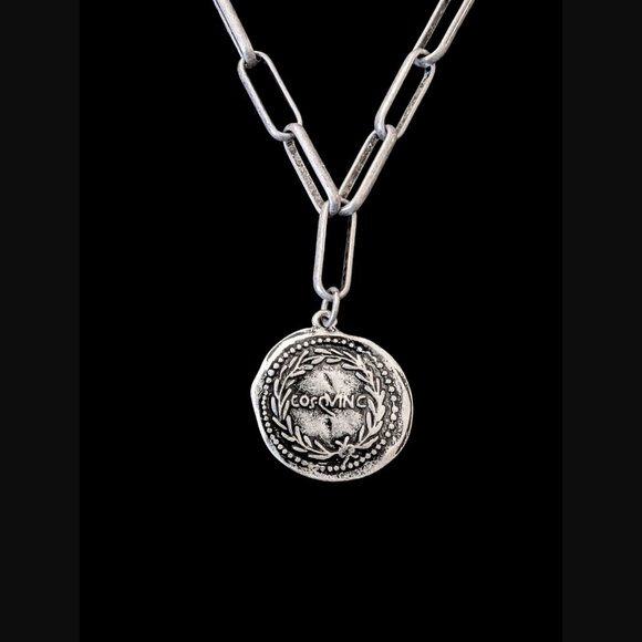 Cabi Silver Tone Antiqued Coin Paperclip Chain 25.5" Statement Necklace - Picture 1 of 6